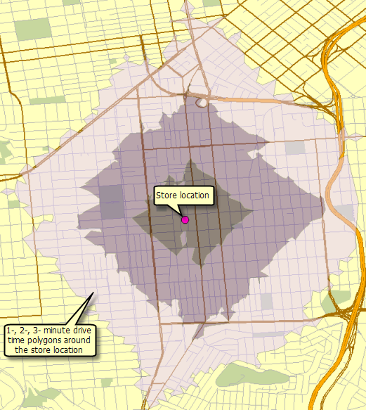 Example output from Calculate Drive-Time Polygons task Example output from Calculate Drive-Time Polygons task